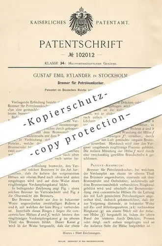 original Patent - Gustaf Emil Rylander , Stockholm , Schweden , 1898 , Brenner für Petroleumkocher | Petroleum | Herd