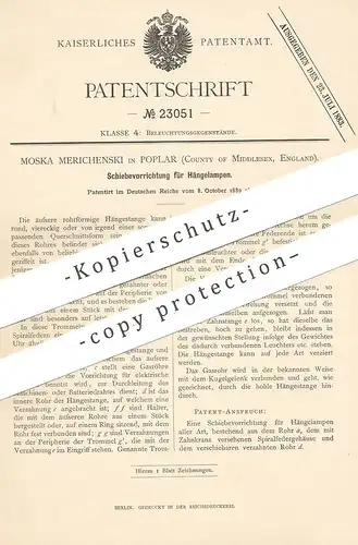 original Patent - Moska Merichenski , Poplar , Middlesex , England , 1882 , Schiebevorrichtung für Hängelampen | Lampe