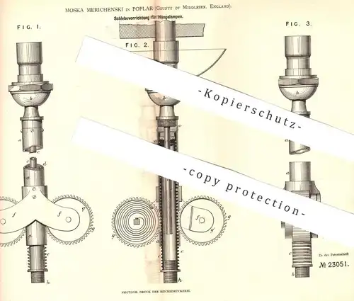 original Patent - Moska Merichenski , Poplar , Middlesex , England , 1882 , Schiebevorrichtung für Hängelampen | Lampe