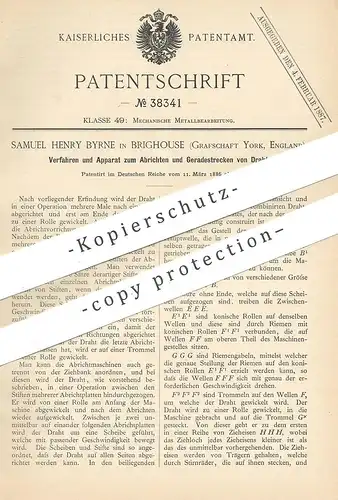 original Patent - Samuel Henry Byrne , Brighouse , Grafschaft York , England , 1886 , Abrichten  und Strecken von Draht