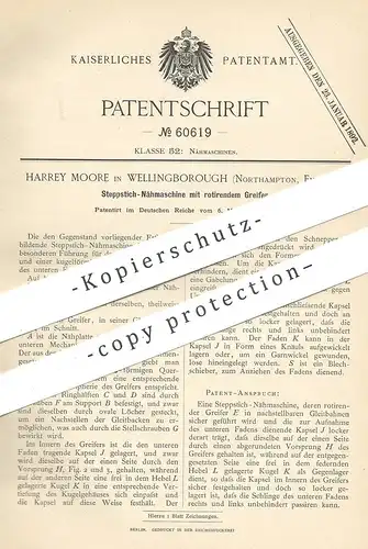 original Patent - Harrey Moore , Wellingborough / Cambridge , Northampton , England , 1891 , Steppstich - Nähmaschine !!