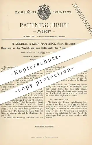 original Patent - H. Küchler , Klein Flottbeck , Hamburg  1886 , Entkuppeln von Vieh bei Feuergefahr | Tierzucht , Tiere