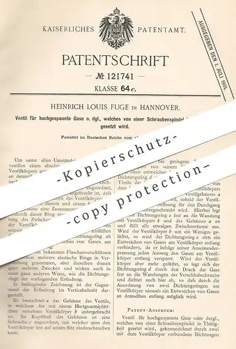 original Patent - Heinrich Louis Fuge , Hannover , 1899 , Ventil für hochgespannte Gase | Gas , Gasventil , Ventile