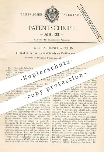 original Patent - Siemens & Halske , Berlin , 1896 , Blitzableiter mit stabförmigen Entladungsteilen | Strom , Blitz !!