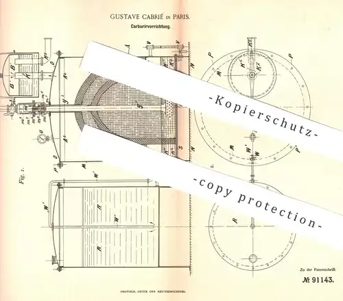 original Patent - Gustave Cabrié , Paris Frankreich  1896 , Karburiervorrichtung | Karburieren | Kohlenwasserstoff , Gas