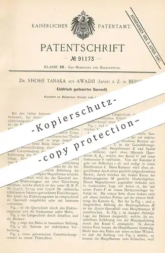 original Patent - Dr. Shohé Tanaka , Awadji , Japan / Berlin , 1896 , Elektrisch gesteuertes Gasventil | Gas - Ventil !