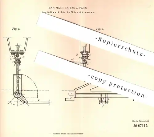 original Patent - Jean Marie Laffas , Paris , 1892 , Anstellwerk für Luftdruckbremsen | Bremse , Bremsen , Eisenbahn !!