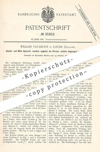 original Patent - William Vavasour , Louds , England , 1885 , Abziehen u. Messen von Flüssigkeiten | Zapfanlage , Bier