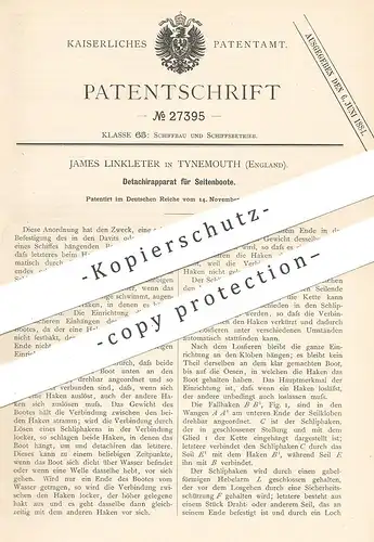 original Patent - James Linkleter , Tynemouth , England 1883 , Detachierapparat für Seitenboot | Boot , Schiff , Schiffe