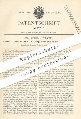 original Patent - Carl Keibel , Folsong , 1883 , Kartoffelerntemaschine mit Doppelschar | Kartoffel - Ernte | Landwirt