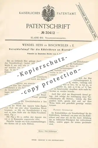 original Patent - Wendel Hess , Bischweiler , 1884 , Verschlusskopf für Kühlröhren am Bierkühler | Zapfanlage , Bier !!