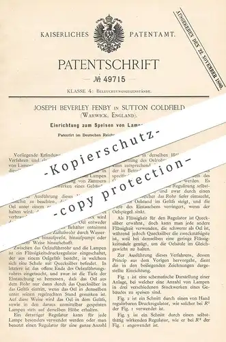 original Patent - Joseph Beverley Fenby , Sutton Coldfield , Warwick , England , 1889 , Speisen von Lampen mit Öl !!!