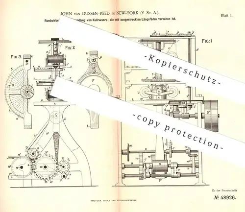 original Patent - John van Dussen-Reed , New York , USA 1888 , Rundwirkstuhl für Kulierware | Wirkstuhl , Strickmaschine