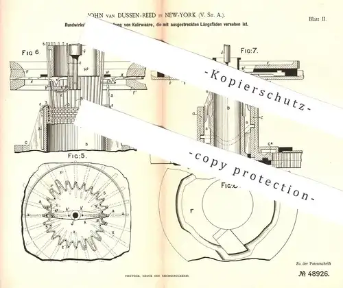 original Patent - John van Dussen-Reed , New York , USA 1888 , Rundwirkstuhl für Kulierware | Wirkstuhl , Strickmaschine