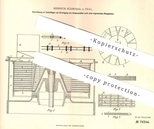 original Patent - Heinrich Schmolka , Prag , 1894 , Zentrifuge zur Erzeugung von Zuckerplatten | Zucker , Zuckerfabrik !