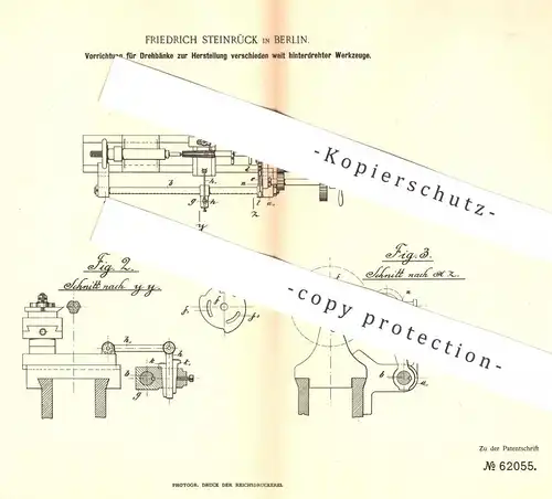 original Patent - Friedrich Steinrück , Berlin , 1891 , Drehbank | Metall , Werkzeug , Schlosser , Dreher !!!