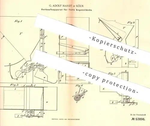 original Patent - G. Adolf Hardt , Köln / Rhein , 1889 , Verkaufsapparat für Zigarren , Flaschen , Schokolade | Automat