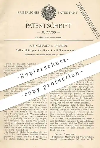 original Patent - R. Singewald , Dresden , 1894 , Musikwerk mit Warenverkauf | Automat mit Münzeinwurf | Uhrwerk , Musik