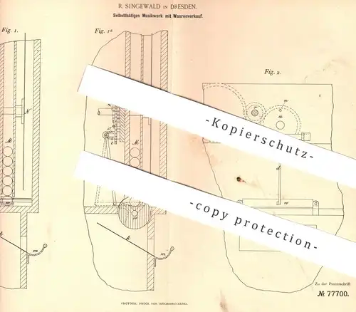 original Patent - R. Singewald , Dresden , 1894 , Musikwerk mit Warenverkauf | Automat mit Münzeinwurf | Uhrwerk , Musik