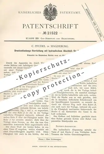 original Patent - C. Pfudel , Magdeburg , 1882 , Druckentlastung per hydraulischem Abschluss für Retorten | Gas , Gase !