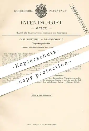 original Patent - Carl Westphal , Braunschweig , 1882 , Verpackungsschachtel | Verpackung | Schachtel , Karton , Pappe !