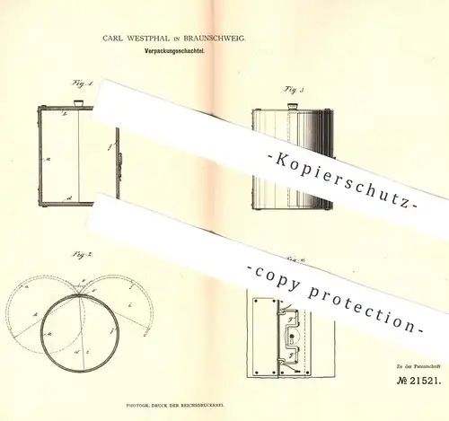 original Patent - Carl Westphal , Braunschweig , 1882 , Verpackungsschachtel | Verpackung | Schachtel , Karton , Pappe !