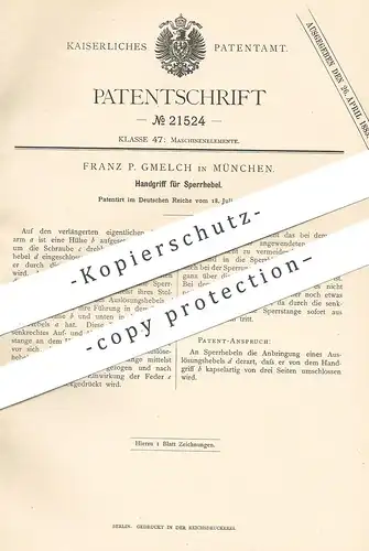 original Patent - Franz P. Gmelch , München , 1882 , Handgriff für Sperrhebel | Hebel , Maschinenhebel , Maschinen !!!