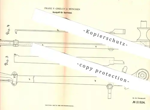 original Patent - Franz P. Gmelch , München , 1882 , Handgriff für Sperrhebel | Hebel , Maschinenhebel , Maschinen !!!