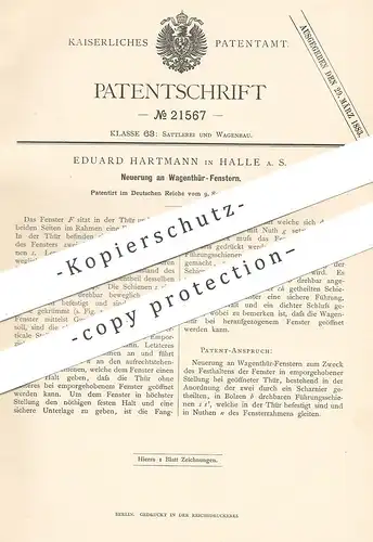 original Patent - Eduard Hartmann , Halle / Saale , 1882 , Wagentür - Fenster | Fensterbauer | Wagenfenster , Eisenbahn