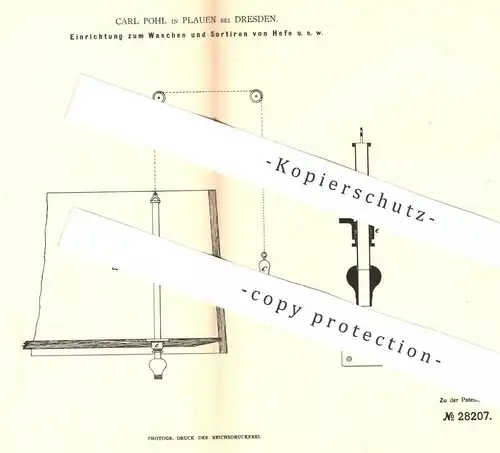 original Patent - Carl Pohl , Plauen / Dresden , 1883 , Waschen und Sortieren von Hefe | Brauerei | Maische , Bier !!!