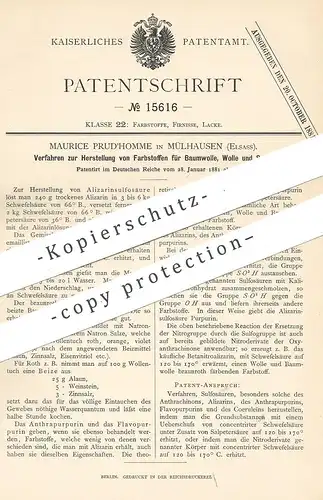 original Patent - Maurice Prud'homme , Mülhausen / Elsass , 1881 , Farbstoff für Baumwolle , Wolle , Seide | Farbe !!!