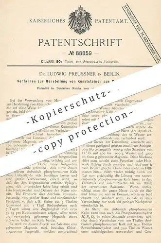 original Patent - Dr. Ludwig Preussner , Berlin , 1896 , Kunststein aus Magnesiacement | Gestein | Magnesium | Ton !!!
