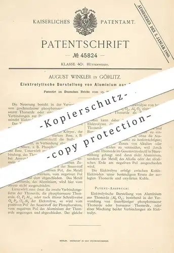 original Patent - August Winkler , Görlitz , 1888 , Elektrolytische Darstellung von Aluminium aus Tonerde | Elektrolyse