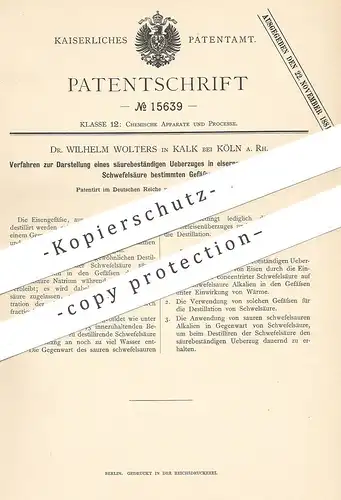 original Patent - Dr. Wilhelm Wolters , Köln / Rhein / Kalk , 1880 , Destillation von Schwefelsäure | Säure , Chemie !!!
