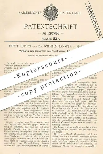 original Patent - Ernst Rüping , Dr. Wilhelm Lanwer , Hamburg , 1899 , Konservieren von Fleisch , Wurst , Früchte !!