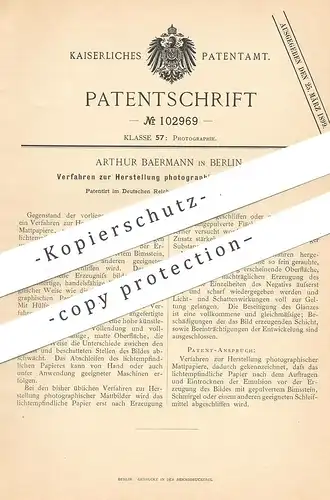 original Patent - Arthur Baermann , Berlin , 1897 , Herstellung photographischer Mattpapiere | Foto - Papier , Fotograf