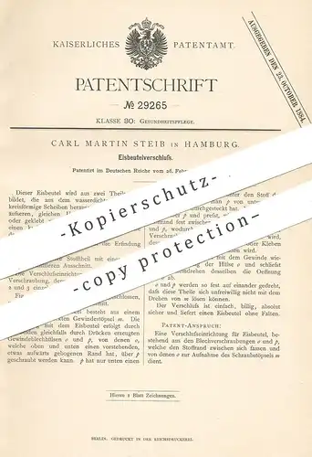 original Patent - Carl Martin Steib , Hamburg , 1884 , Eisbeutelverschluss | Eisbeutel - Verschluss | Medizin , Eis !!
