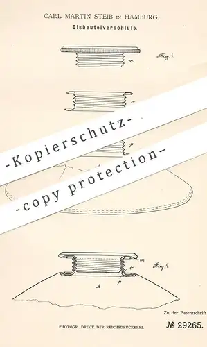 original Patent - Carl Martin Steib , Hamburg , 1884 , Eisbeutelverschluss | Eisbeutel - Verschluss | Medizin , Eis !!