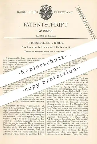 original Patent - H. Borgsmüller , Berlin , 1884 , Fördereinrichtung mit Unterseil | Förderkorb , Bergbau , Bergwerk !!