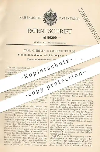 original Patent - Carl Giebeler , Berlin / Gr. Lichterfelde 1895 , Niederschraubhahn mit Lüftung | Wasser , Dampf , Gas