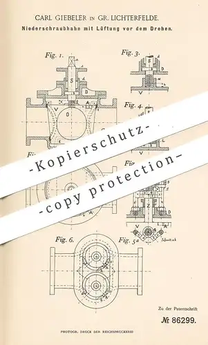 original Patent - Carl Giebeler , Berlin / Gr. Lichterfelde 1895 , Niederschraubhahn mit Lüftung | Wasser , Dampf , Gas