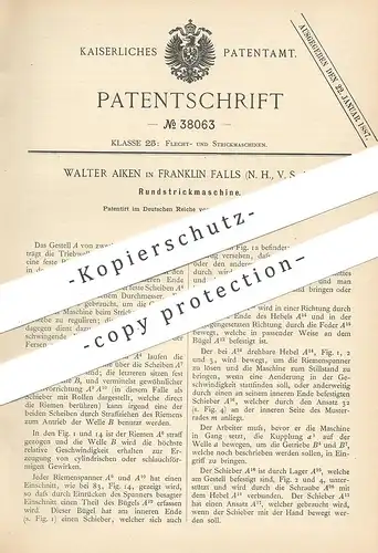 original Patent - Walter Aiken , Franklin Falls , USA , 1885 , Rundstrickmaschine | Rund - Strickmaschine , Stricken !!!