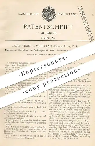 original Patent - James Atkins , Montclair , Essex , USA , 1900 , Drahtnagel - Herstellung | Nagel , Nägel , Draht