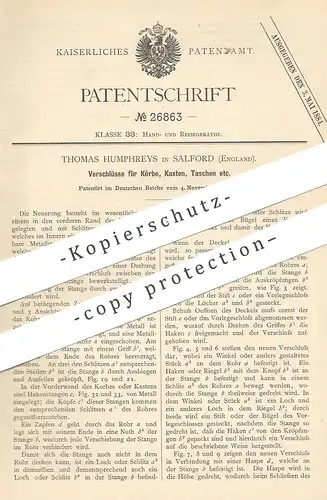 original Patent - Thomas Humphreys , Salford , England , 1883 , Verschluss für Korb , Kasten , Tasche , Kiste , Koffer !