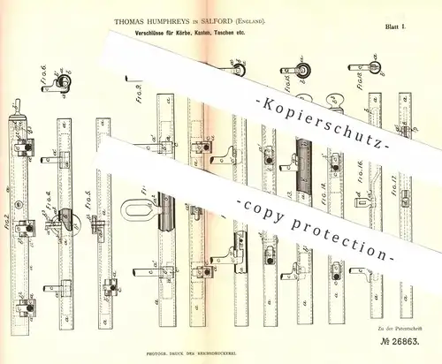 original Patent - Thomas Humphreys , Salford , England , 1883 , Verschluss für Korb , Kasten , Tasche , Kiste , Koffer !