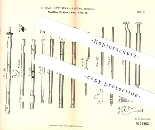 original Patent - Thomas Humphreys , Salford , England , 1883 , Verschluss für Korb , Kasten , Tasche , Kiste , Koffer !