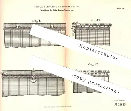 original Patent - Thomas Humphreys , Salford , England , 1883 , Verschluss für Korb , Kasten , Tasche , Kiste , Koffer !