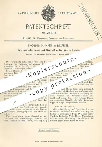 original Patent - Prosper Hanrez , Brüssel , 1886 , Schienenbefestigung auf Schwellen aus Bulbeisen | Eisenbahn Schienen