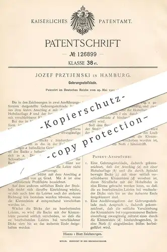 original Patent - Jozef Przyjemski , Hamburg , 1901 , Gehrungsstoßlade | Holz , Gehrung , Tischler , Hobel , Zimmerer !