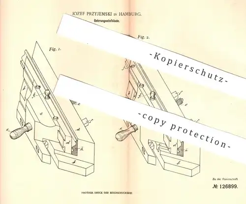 original Patent - Jozef Przyjemski , Hamburg , 1901 , Gehrungsstoßlade | Holz , Gehrung , Tischler , Hobel , Zimmerer !